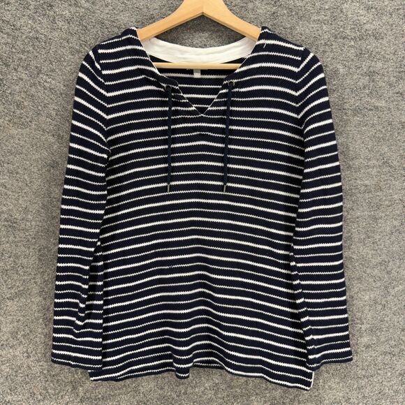 Talbots Sweater Pullover Women PS Petite Black Striped Knit V-Neck Tasseled - Picture 1 of 7